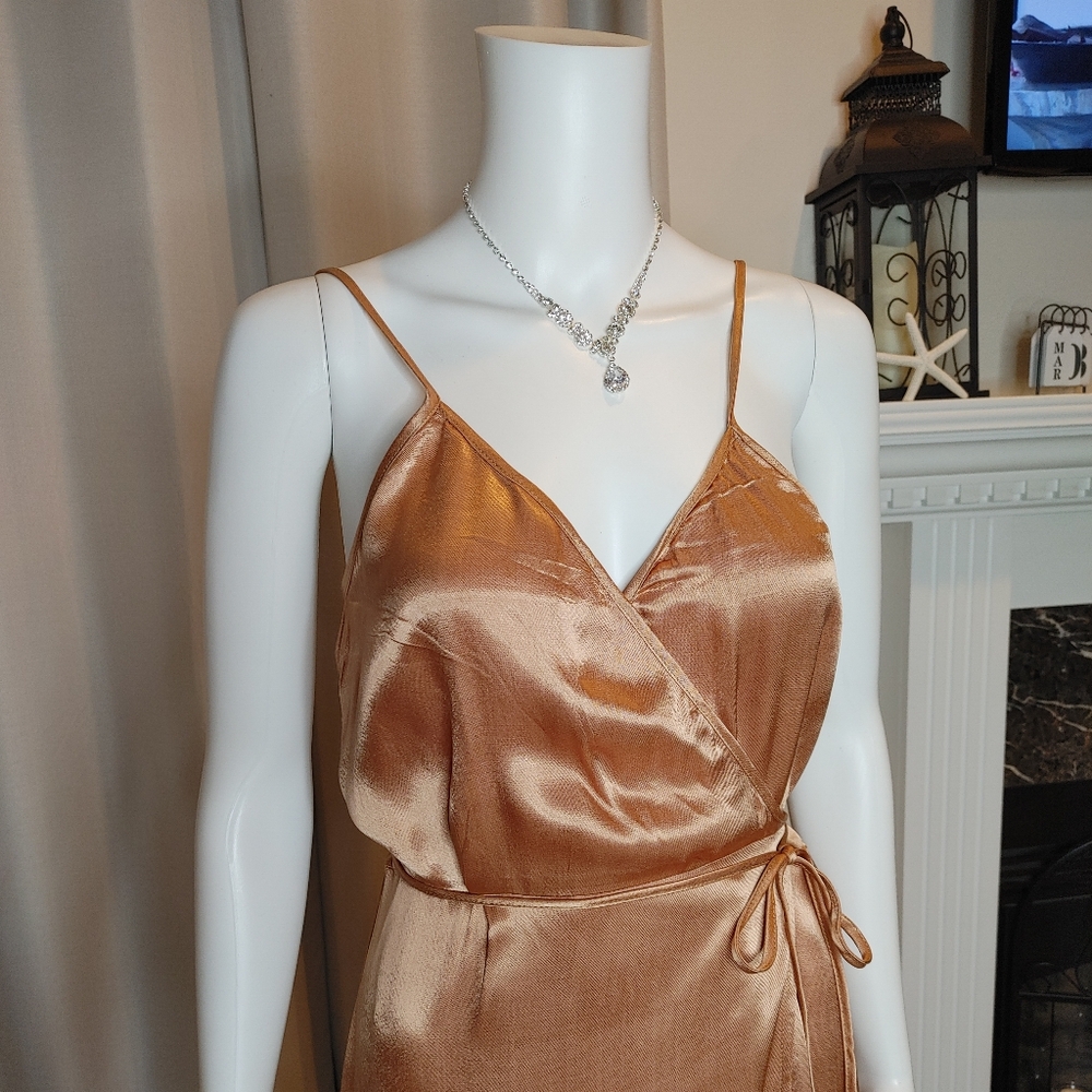 Wayf Teagan Satin Maxi Rose Gold Wrap Dress, Rose Gold L - Picture 2 of 14